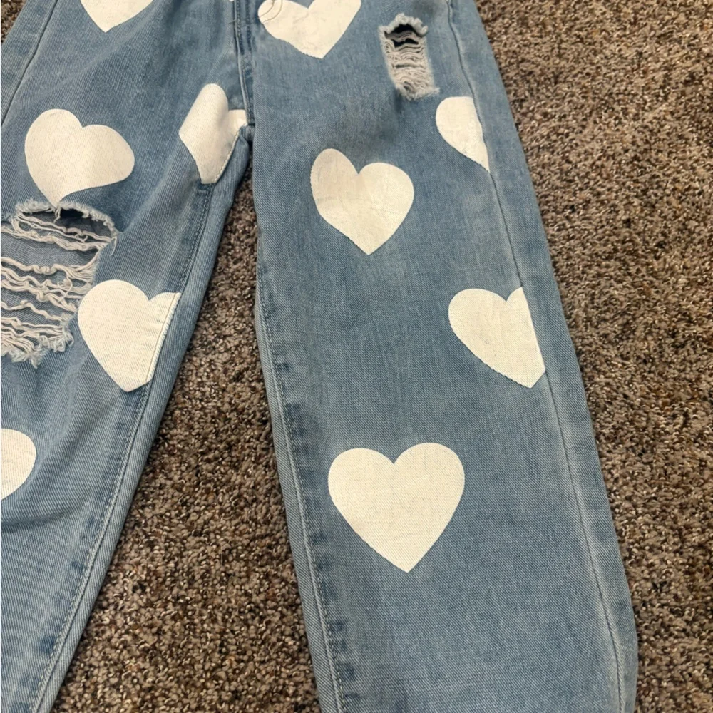 Kids girls youth Denim Heart Print Distressed Jeans - White Hearts size 7Y - Picture 3 of 5